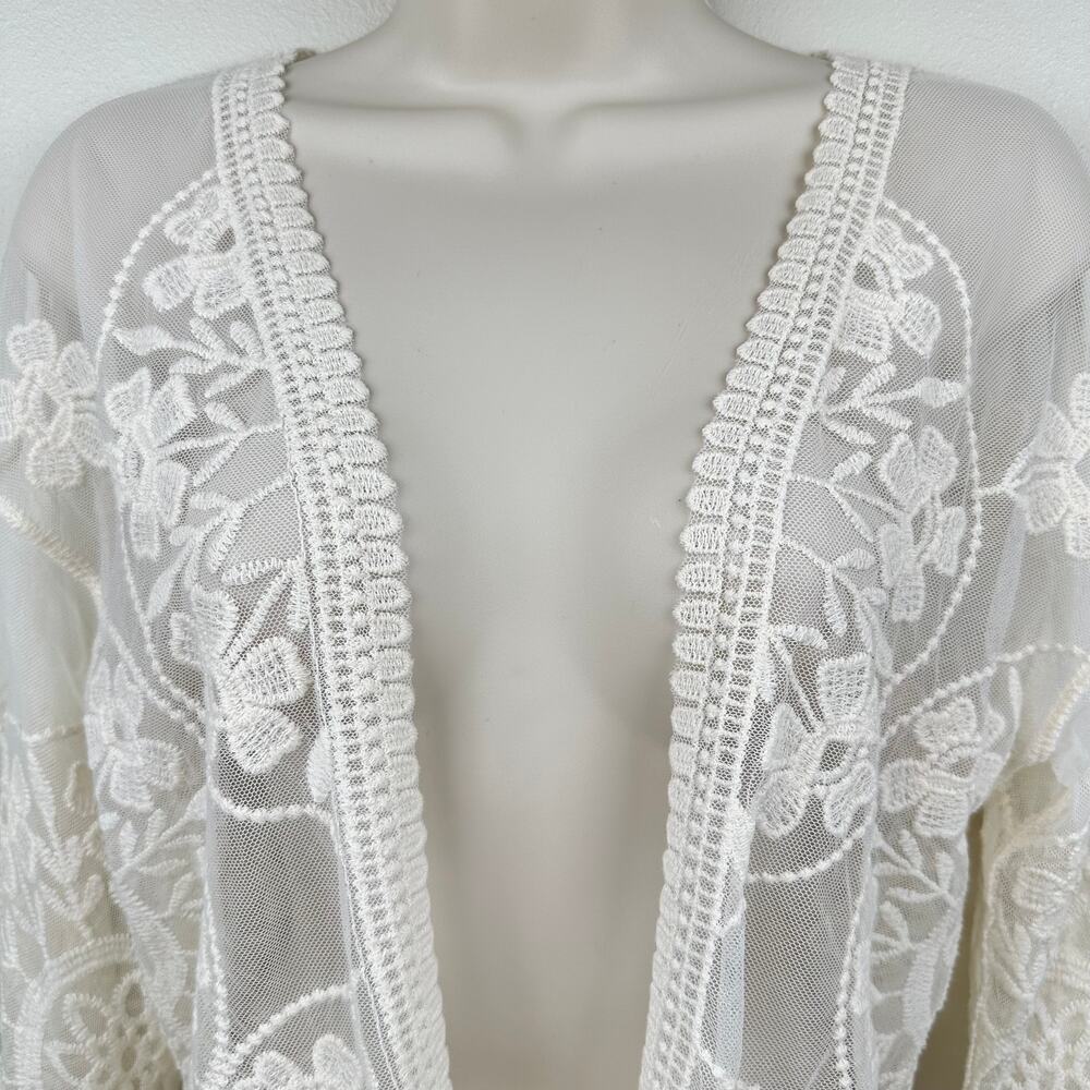 Embroidered Sheer Mesh Lace Open Cardigan Floral Cream M Cottagecore Festival - Picture 3 of 10